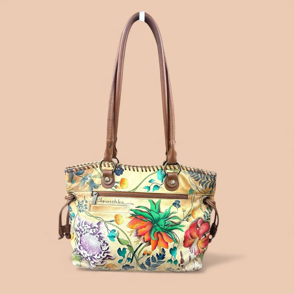 Anuschka Vintage Hand Painted the Caribbean Garden Leather Shoulder Bag Floral